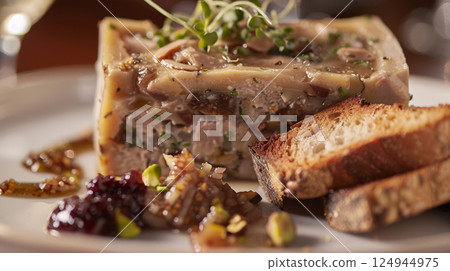 Terrine-style Pate de Foie Gras: Rich foie gras with duck confit and figs, served with fig jam and toasted walnut bread 124944975