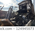 burnt house with car in Japan. charred house. fire 124945073