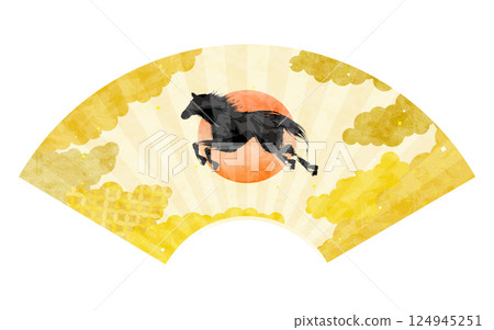 日式馬圖案雲海背景折扇，2026 年生肖日式材料 124945251