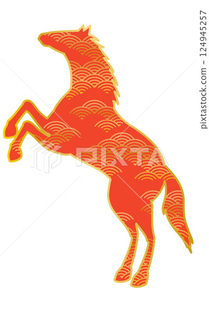 一匹騰躍的駿馬的輪廓，帶有日本風格的青外波圖案，這是 2026 年馬年生肖的日式材料 124945257