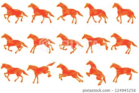 一組帶有日本圖案 Seigaiha 圖案的馬剪影，這是 2026 年馬年生肖的日式材料 124945258