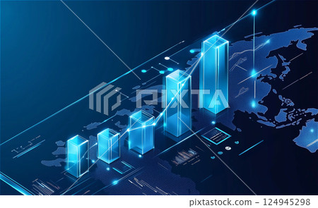 Global Data Analysis: 3D Bar Graph with World Map on Tech Background 124945298