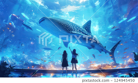 一名女子在沖繩水族館觀光 一名女子在沖繩水族館觀光 124945450