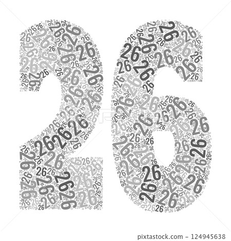 Grayscale word cloud forming the number 26, with repeated text in various sizes 124945638