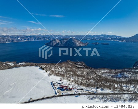 Aerial view of Lake Toya that clearly shows the topography 124945822