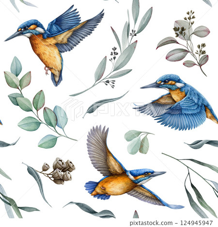 Kingfisher birds with eucalyptus leaves decor seamless pattern on white background. Watercolor hand drawn realistic illustration. Bright birds on eucalyptus leaves background seamless pattern element 124945947