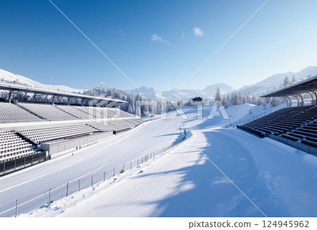 Snow Blankets a Winter Sports Arena Nestled in Majestic Mountains. Generative AI 124945962