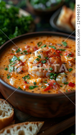a bowl of creamy lobster bisque. The rich, velvety soup is a deep orange color, with a swirl of cream and a sprinkle of fresh herbs on top 124946014