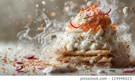 A single duck confit spring roll levitates against a dark background, surrounded by droplets of sweet and spicy dipping sauce, chopped green onions, and slices of red chili. A single duck confit spring roll levitates against a dark background, surrounded by droplets of sweet and spicy dipping sauce, chopped green onions, and slices of red chili. 124946023