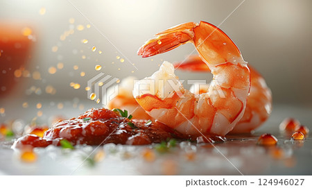 A large shrimp from the cocktail levitates against a soft, neutral background, glistening with freshness, alongside a dollop of cocktail sauce. 124946027