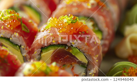 Close-Up: Spicy Sashimi Rolls with Tuna or Salmon, Avocado, Cucumber, Spicy Mayo, and Tobiko 124946040