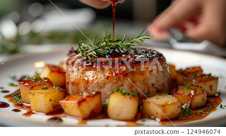 In an upscale restaurant setting, foie gras with white beans and potato chips is presented on a fine porcelain plate 124946074
