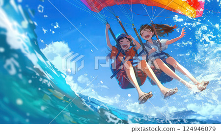 Tourists experiencing parasailing in the blue ocean of Okinawa 124946079