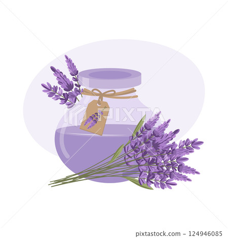 Lavender essential oil with lavender flowers for relaxation and wellbeing. Illustration for wedding invitation, greeting card, logo. 124946085