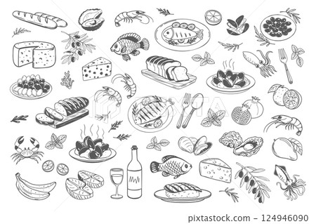 Set of hand drawn simple Mediterranean food. Fish seafood cheese olives bread. Doodle style illustration for cafe or restaurant menu design. 124946090