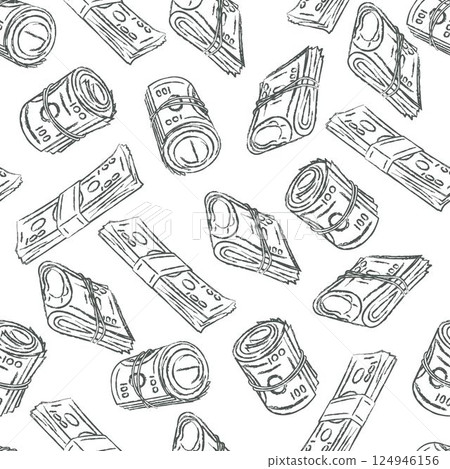 Money seamless pattern with 100 US dollar bills on white background. Falling, flying rolled up dollar notes, stacks, wads. Grunge style. 124946156