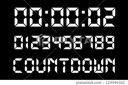 Countdown number, White digital numbers, Digital Display Font with Alarm Clock Letters Countdown number, White digital numbers, Digital Display Font with Alarm Clock Letters 124946302