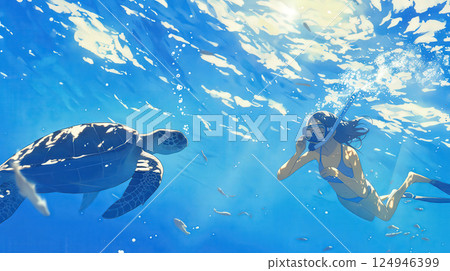 Divers encounter sea turtles in Okinawa's blue waters 124946399