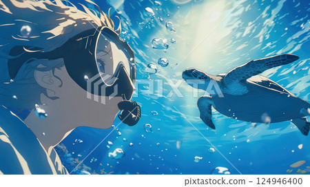 Divers encounter sea turtles in Okinawa's blue waters Divers encounter sea turtles in Okinawa's blue waters 124946400