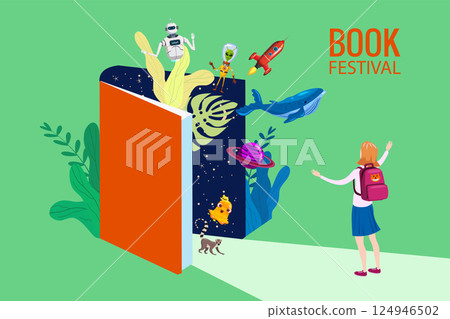 Book Festival concept, girl open huge book 124946502