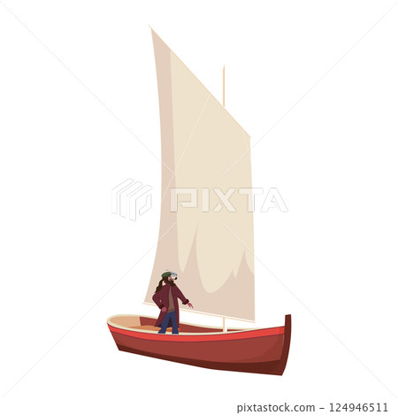 Sailboat with sailor retro ship, fishery, travel vessel Sailboat with sailor retro ship, fishery, travel vessel 124946511