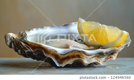A single freshly shucked oyster on the half shell, garnished with a drop of mignonette sauce and a tiny lemon wedge, levitating against a soft, neutral background A single freshly shucked oyster on the half shell, garnished with a drop of mignonette sauce and a tiny lemon wedge, levitating against a soft, neutral background 124946560