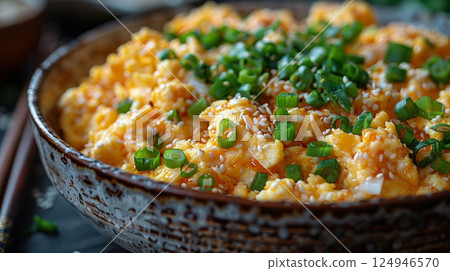 In an elegant and minimalist bowl, scrambled eggs are cooked with a hint of soy sauce, adding a subtle umami flavor 124946570