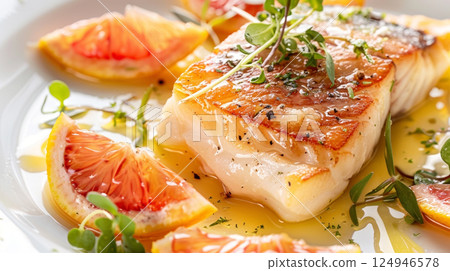 Citrus Turbot Meuniere: Tender turbot with orange or grapefruit zest, garnished with citrus segments and microgreens. 124946578