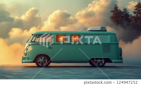 Retro van in mint green with a backdrop of clouds and sunset with soft glowing light 124947252