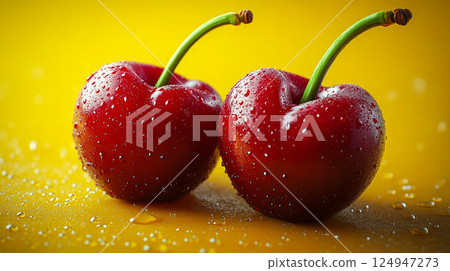Close-up of two glossy red cherries with green stalks on a bright yellow background Close-up of two glossy red cherries with green stalks on a bright yellow background 124947273