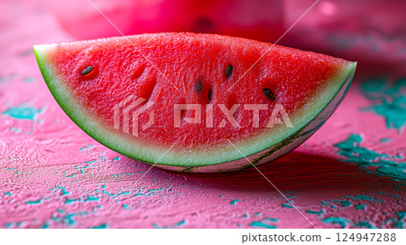 Ripe watermelon with red flesh and seeds on a pink neon background 124947288