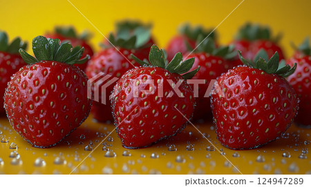 Fresh red strawberries arranged on a yellow background with water droplets 124947289