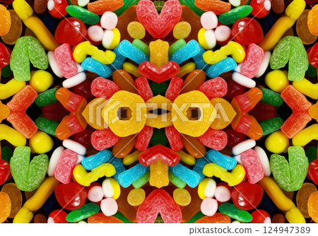 Colorful gummy candies create a delightful kaleidoscope pattern in vibrant hues 124947389