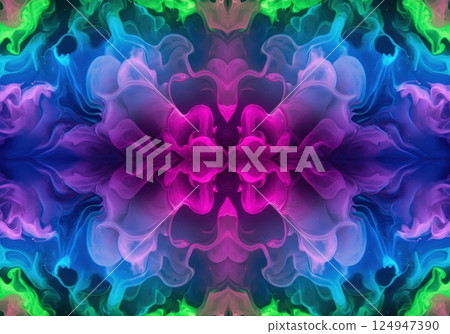 Colorful ink swirls form a mesmerizing kaleidoscope pattern in water Colorful ink swirls form a mesmerizing kaleidoscope pattern in water 124947390