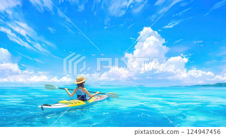 一位女士在沖繩蔚藍的海水中享受皮划艇的樂趣 124947456