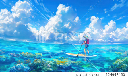 A woman enjoying SUP in the blue ocean of Okinawa 124947460