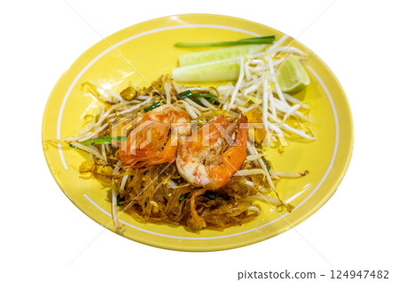 Top view of Prawn Pad Thai in yellow dish, focus selective Top view of Prawn Pad Thai in yellow dish, focus selective 124947482