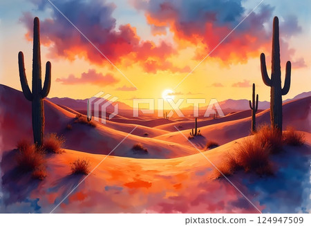 Desert Sunset Paints the Sky With Vibrant Colors and Silhouetted Cacti. Generative AI 124947509