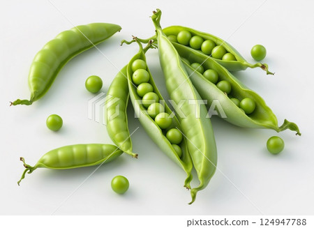 Green Peas in Pods Arranged Artistically on a White Background. Generative AI 124947788