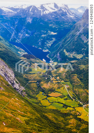 View on Geirangerfjord from Dalsnibba viewpoint in Norway View on Geirangerfjord from Dalsnibba viewpoint in Norway 124948093