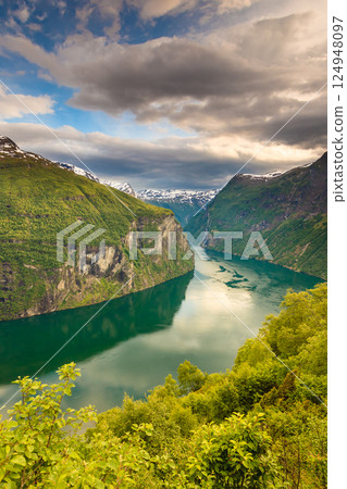 View on Geirangerfjord from Flydasjuvet viewpoint Norway View on Geirangerfjord from Flydasjuvet viewpoint Norway 124948097