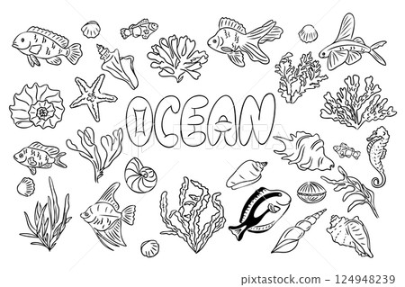 Ocean animals and plants coloring page Ocean animals and plants coloring page 124948239