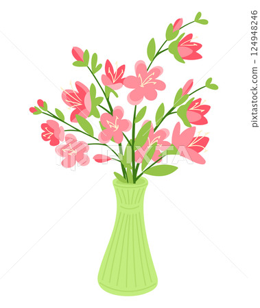 Pink sakura flowers arranged in a green vase Pink sakura flowers arranged in a green vase 124948246