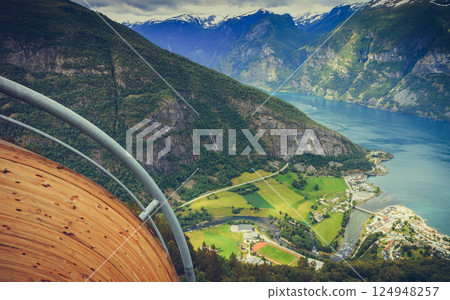 View of the fjords at Stegastein viewpoint in Norway View of the fjords at Stegastein viewpoint in Norway 124948257