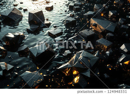 Glistening Geometric Shapes Float Serenely on a Dark Water Surface at Sunset. Generative AI 124948331