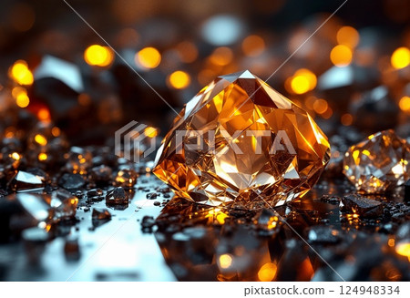 Sparkling Amber Crystal Reflecting Warm Light in an Artistic Arrangement. Generative AI 124948334