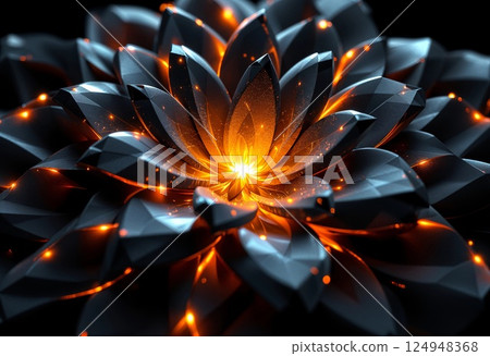Radiant Black Lotus Flower With Glowing Orange Center in Abstract Design. Generative AI 124948368