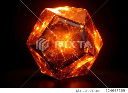 Vibrant Geometric Sculpture Radiates a Fiery Glow in a Dark Setting. Generative AI 124948369