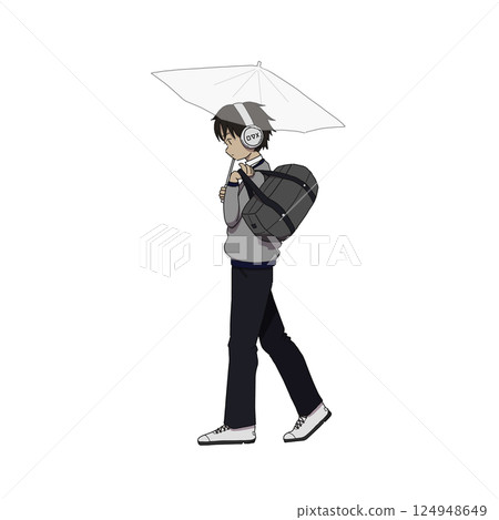 A male student walking with a bag, headphones and an umbrella 124948649