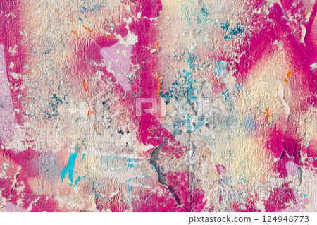 Vintage 80s Abstract Weathered Paint Texture in Yellow, Purple, Blue 124948773